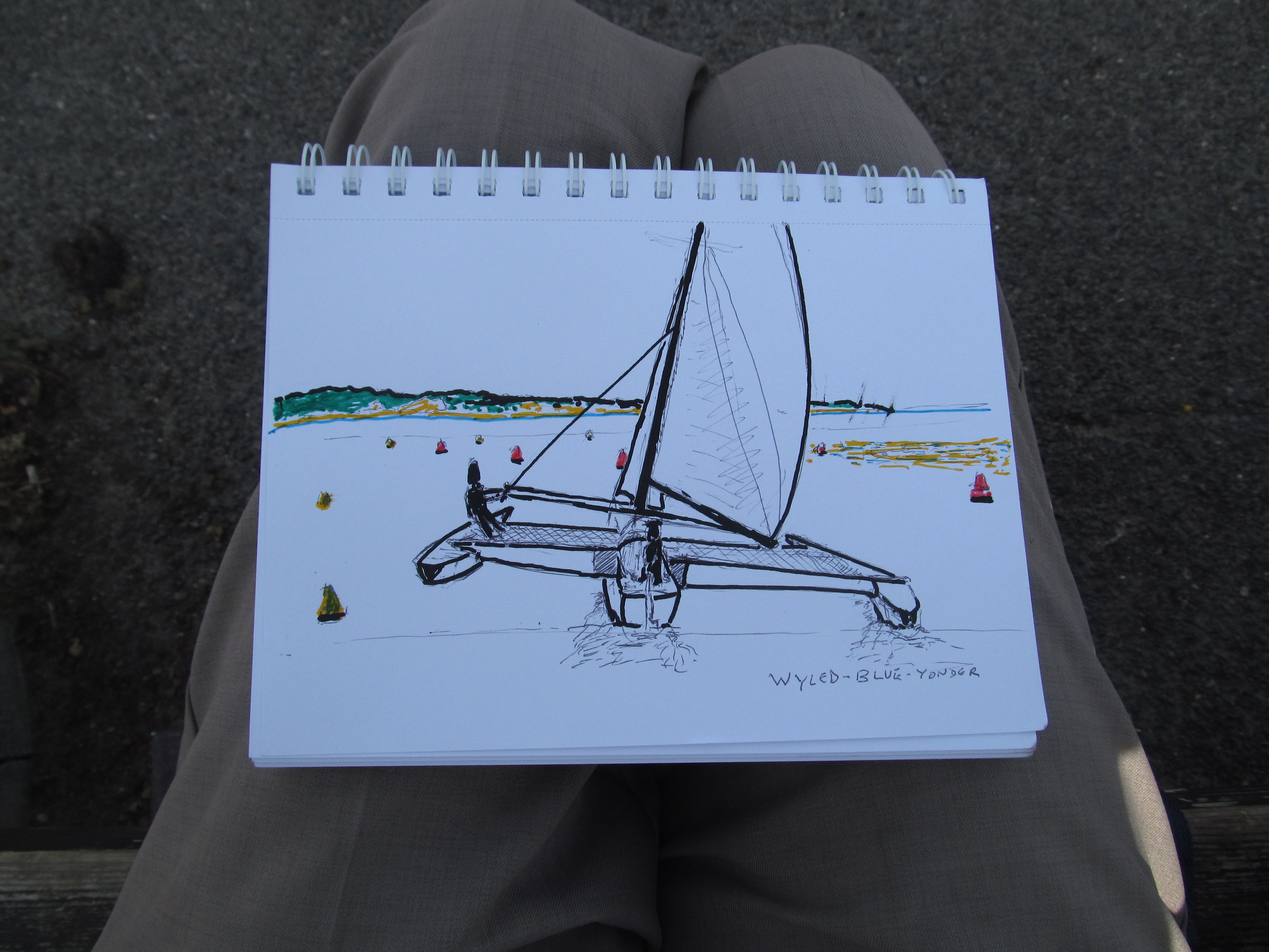 A trimaran sailing out to sea
